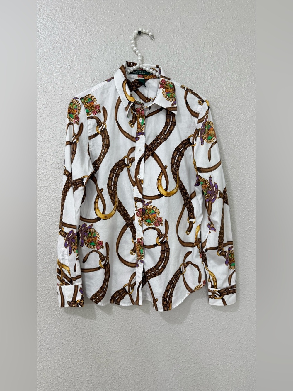 Lauren Ralph Lauren Equestrian Horsebit Belt Print Cotton Shirt M Old Money - Picture 2 of 8